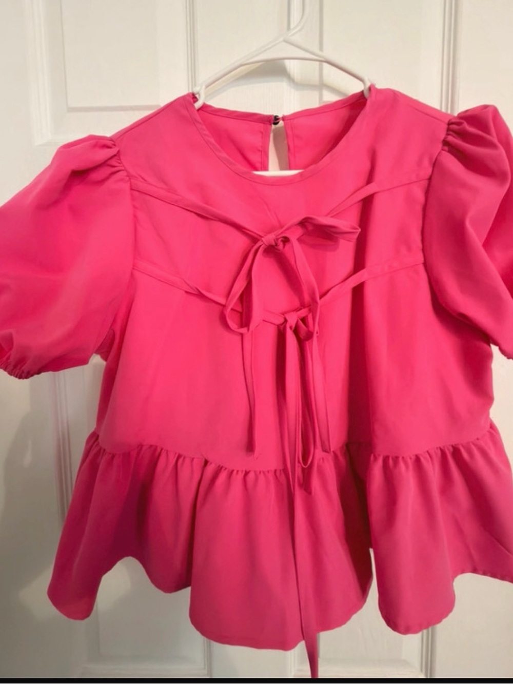 SHEIN Hot Pink Tie-Front Peplum Top with Puff Sleeves